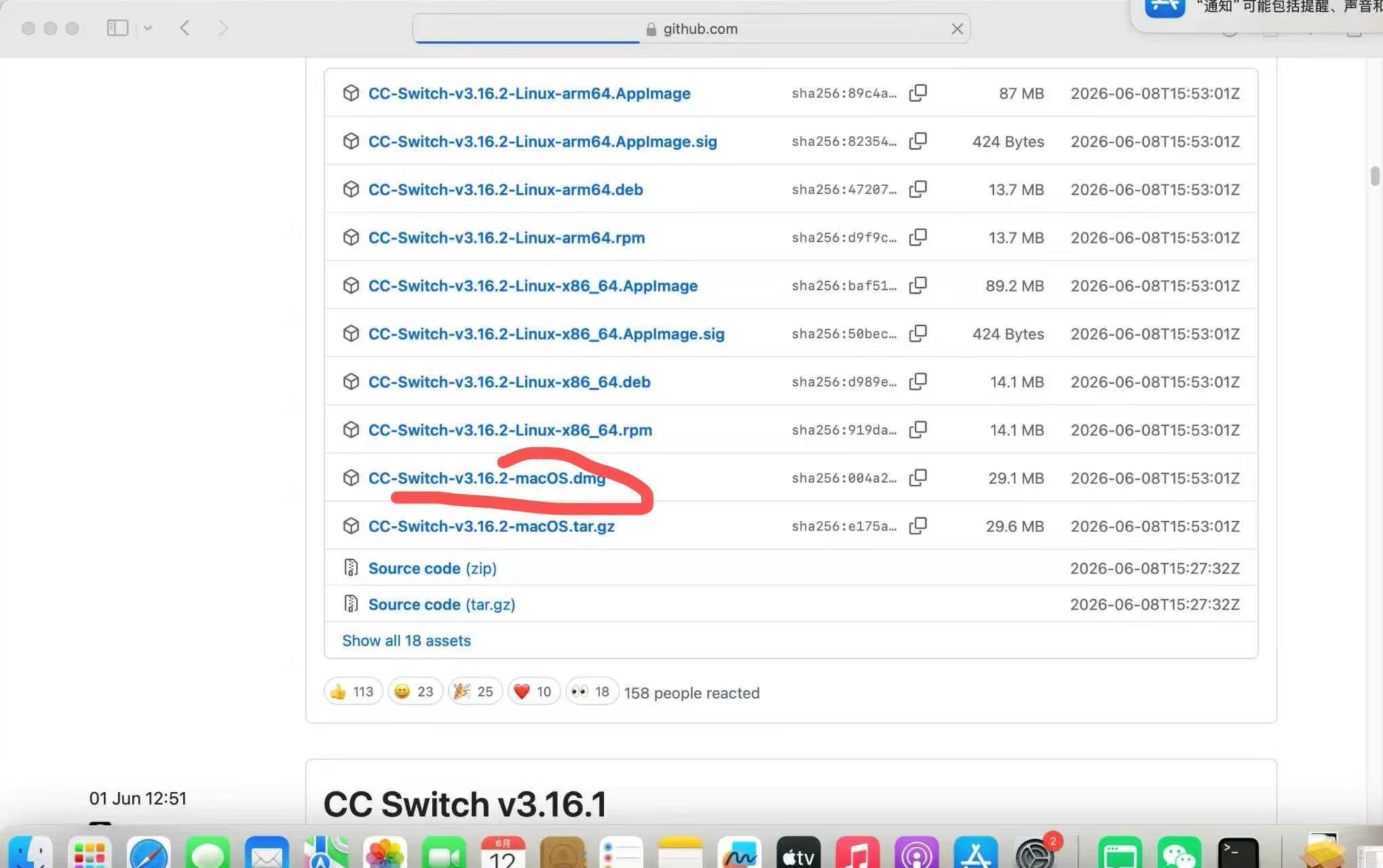 CC Switch 下载页面，选择 .dmg 文件
